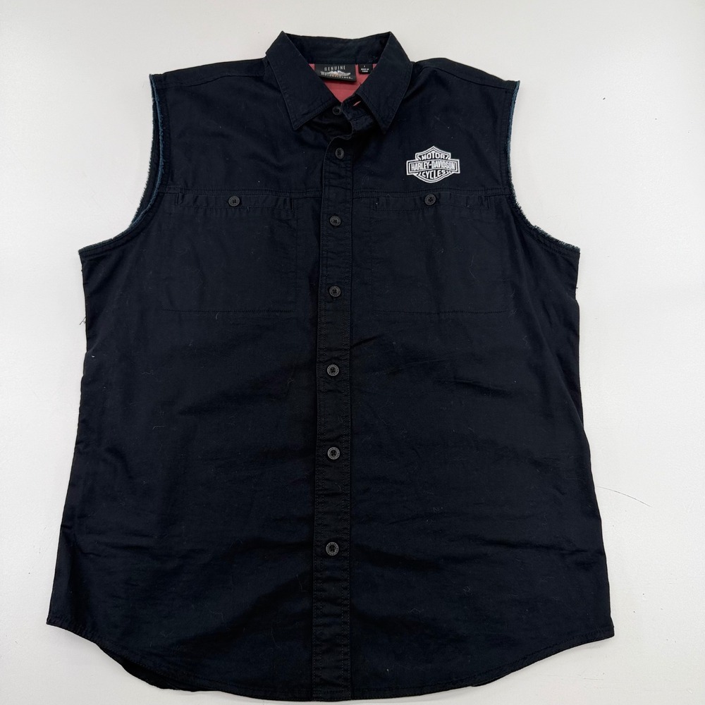 Harley-Davidson Mens Black Sleeveless Button Up Shirt Distressed Graphic Large